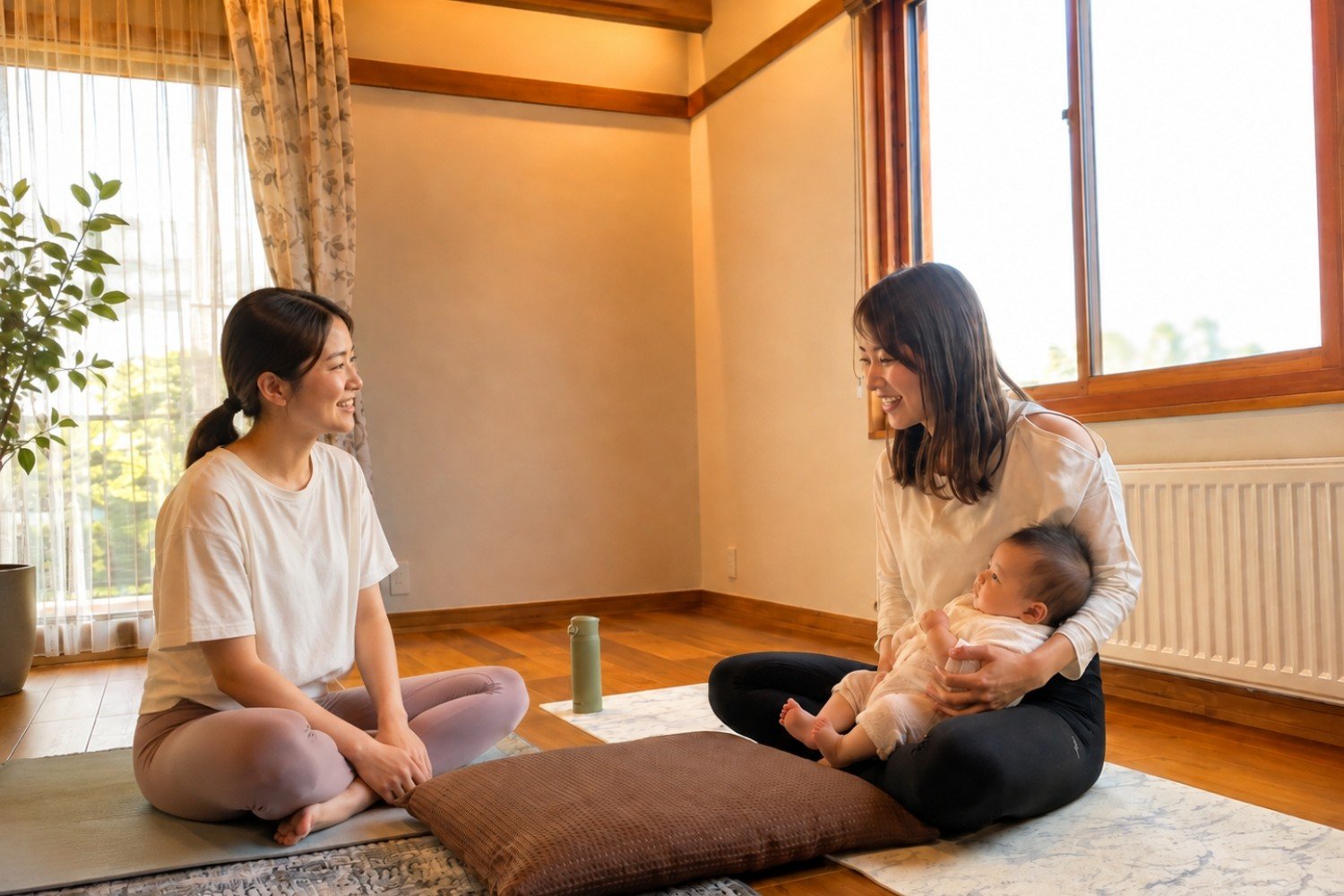 赤ちゃんとママが一緒に楽しむベビーヨガの実技風景