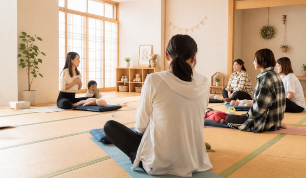 親子ヨガで赤ちゃんの反応を見ながら実技を学ぶ様子